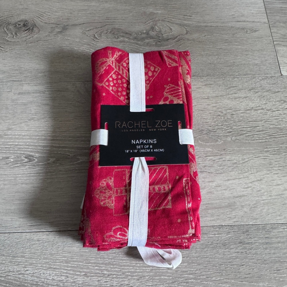 Rachel Zoe Red Gold Metallic Christmas Gift Box Cotton Napkins Set of 8 18x18